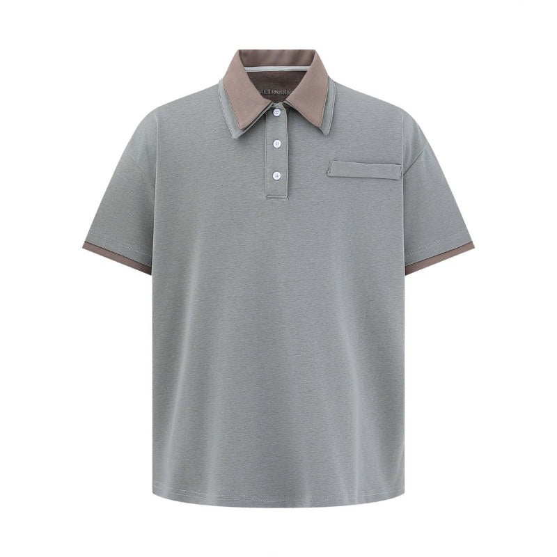 Men's t-shirt: american-style unisex summer streetwear, premium minimalist color block design, relaxed fit, men's turn-down collar short sleeve tee