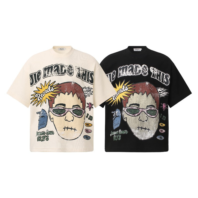 Men t shirt t american retrocouple street trendy waffle grids spoof graffiti design high street men's loose small round neck t-shirt