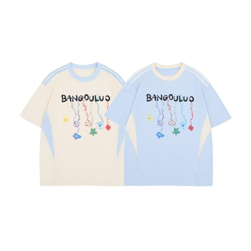 Men's t-shirt - american street style summer patchwork premium logo graphic design - men's loose fit short sleeve tee