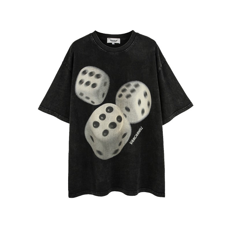 Men t shirt - summer american street trendy brand dice theme washed distressedoversize short-sleeved t-shirt