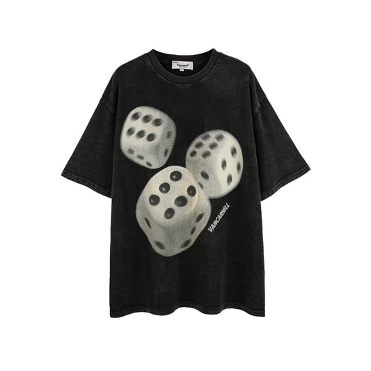 Men t shirt - summer american street trendy brand dice theme washed distressedoversize short-sleeved t-shirt