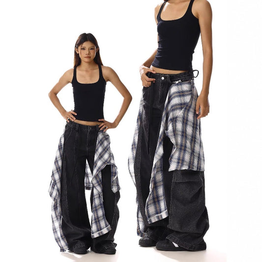 Women's jeans women's loose fake two-piece stitching wide-leg pants