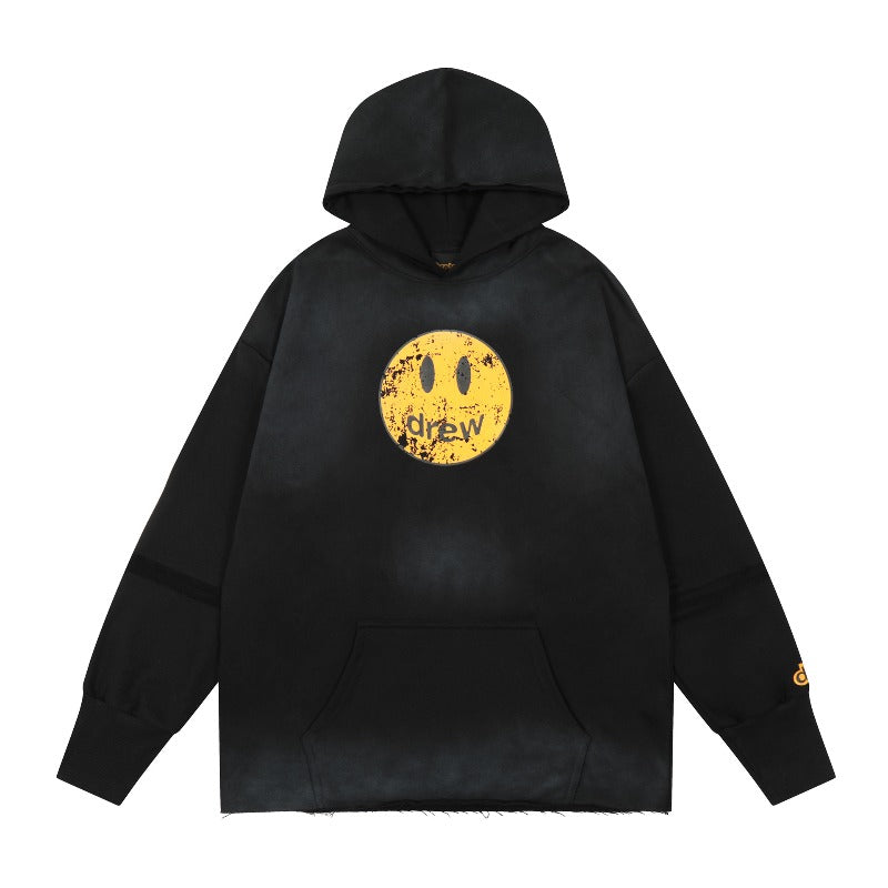 Drew house hoodie - autumn/winter d@ew vintage distressed cracked print smiley face fleece-lined sweatshirt