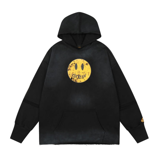 Drew house hoodie - autumn/winter d@ew vintage distressed cracked print smiley face fleece-lined sweatshirt