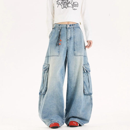 Women's jeans retro women's big pocket scimitar pants