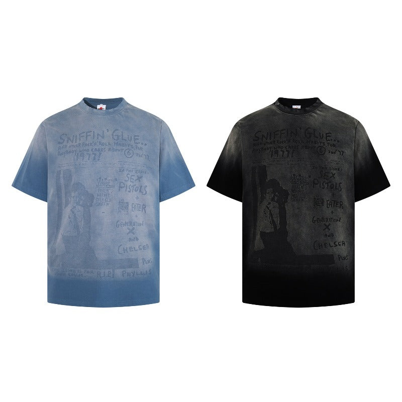 Men's t-shirt - american retro unisex style, washed and distressed print design, crew neck, men's high street slim fit short sleeve tee