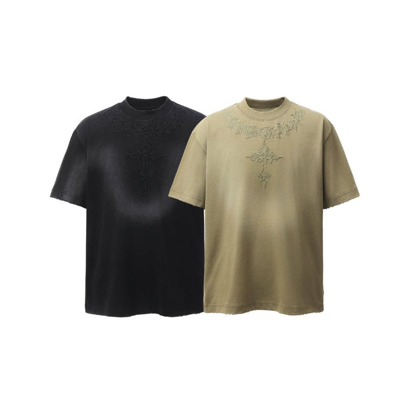 Men's t-shirt - american retro heavyweight double yarn distressed embroidered graphic design, men's high street oversized short sleeve tee