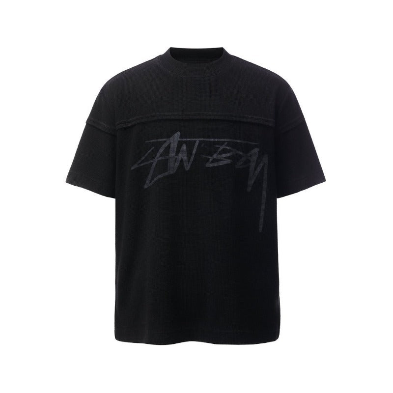 Men's t-shirt: american retro heavyweight waffle knit letter print deconstructed design, high street oversized short sleeve tee
