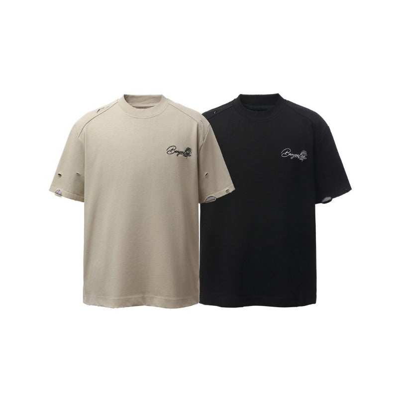 Men's t-shirt - american retro heavyweight double yarn embroidered logo distressed design high street oversized short sleeve tee