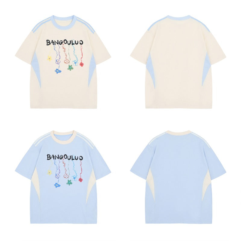 Men's t-shirt - american street style summer patchwork premium logo graphic design - men's loose fit short sleeve tee